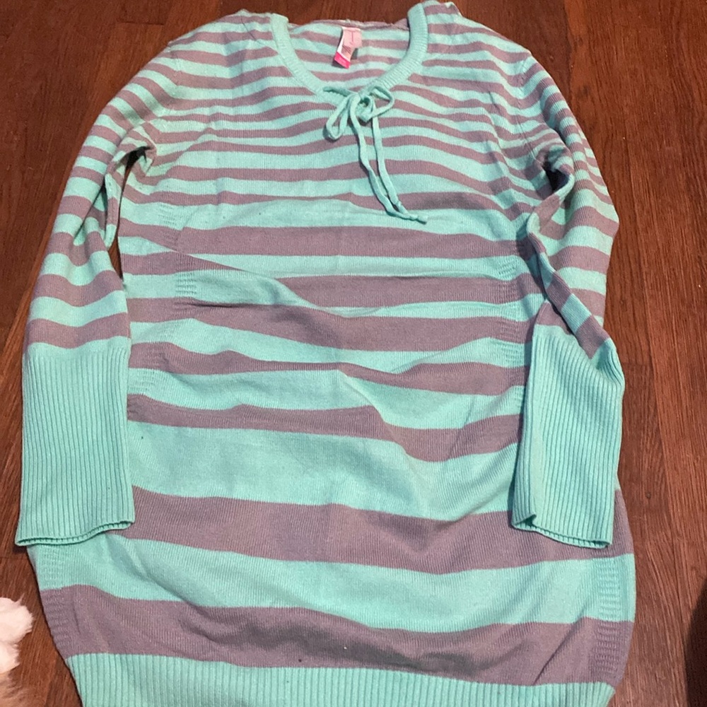 Long green and grey striped sweater